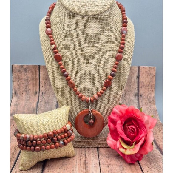 Artisan 2 Piece Set Red Jasper Natural Stone Pendant Necklace & Wrap Bracelet - Picture 2 of 11
